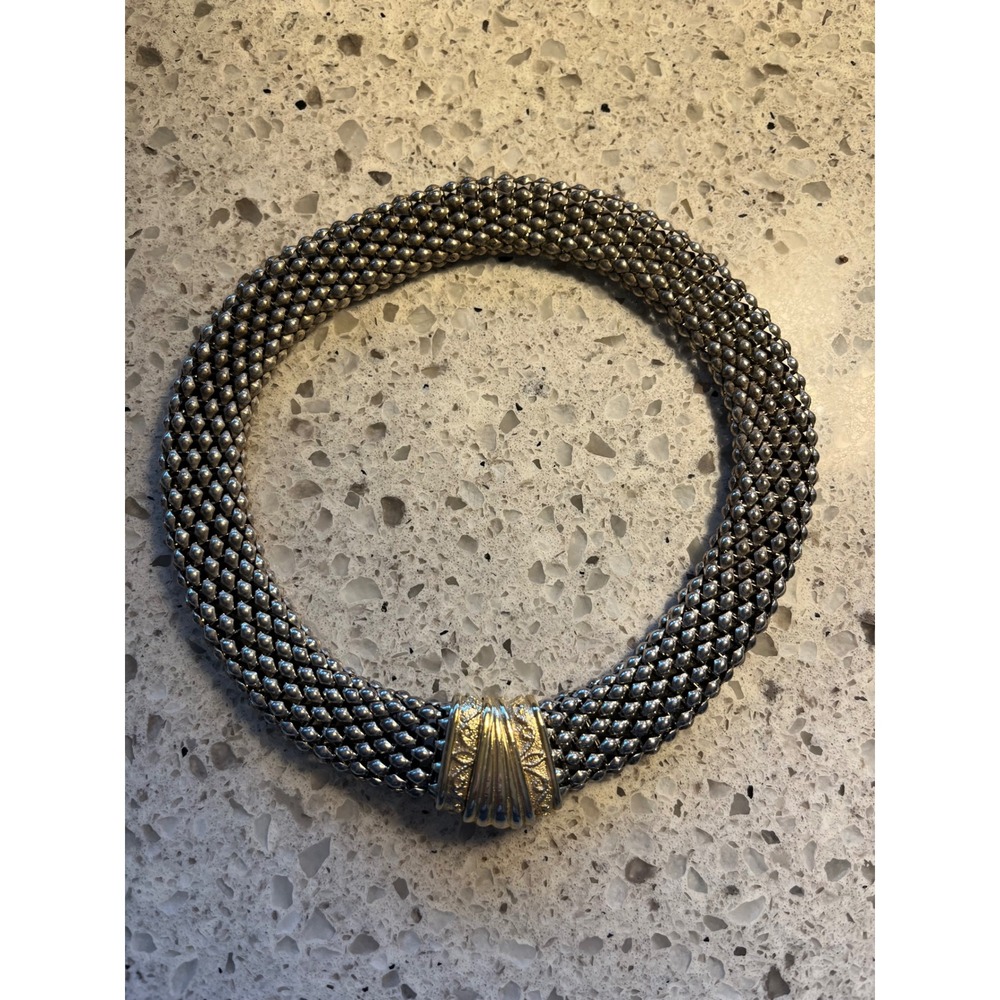 Vintage Two Tone Popcorn Mesh Collar Necklace Gold Silver Magnetic Clasp